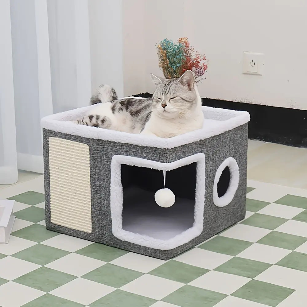 4-in-1 Foldable Luxury Cat House Villa - Multi-Functional Indoor Cat Condo with Scratch Pad and Reversible Cushion for Pet Hideaway