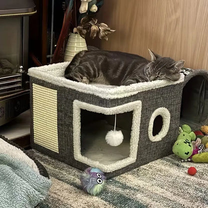 4-in-1 Foldable Luxury Cat House Villa - Multi-Functional Indoor Cat Condo with Scratch Pad and Reversible Cushion for Pet Hideaway