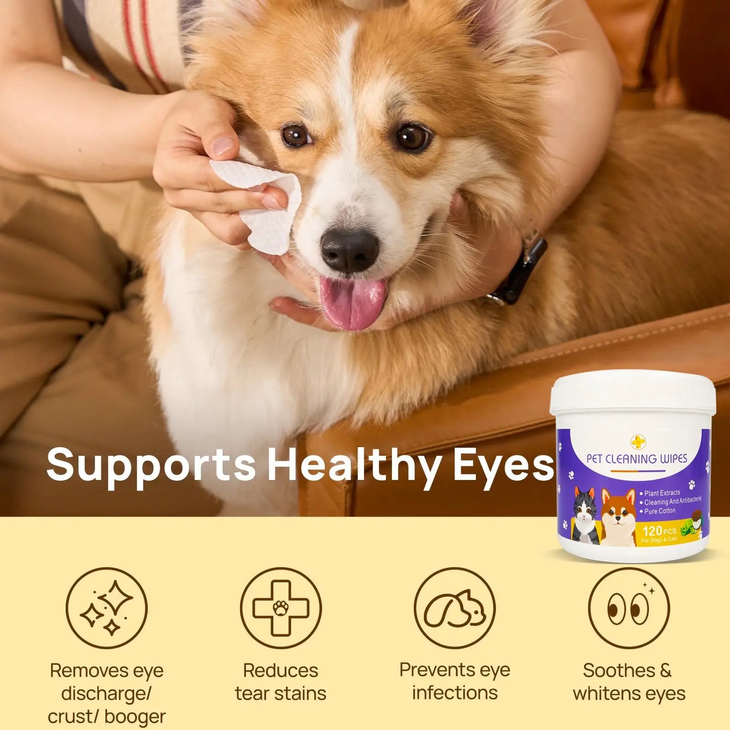 Bellepaws Gentle Pet Eye and Face Cleaning Wipes - 120 Count, Tear Stain and Odor Removal Formula with Aloe, Witch Hazel, and Coconut Oil for Dogs and Cats