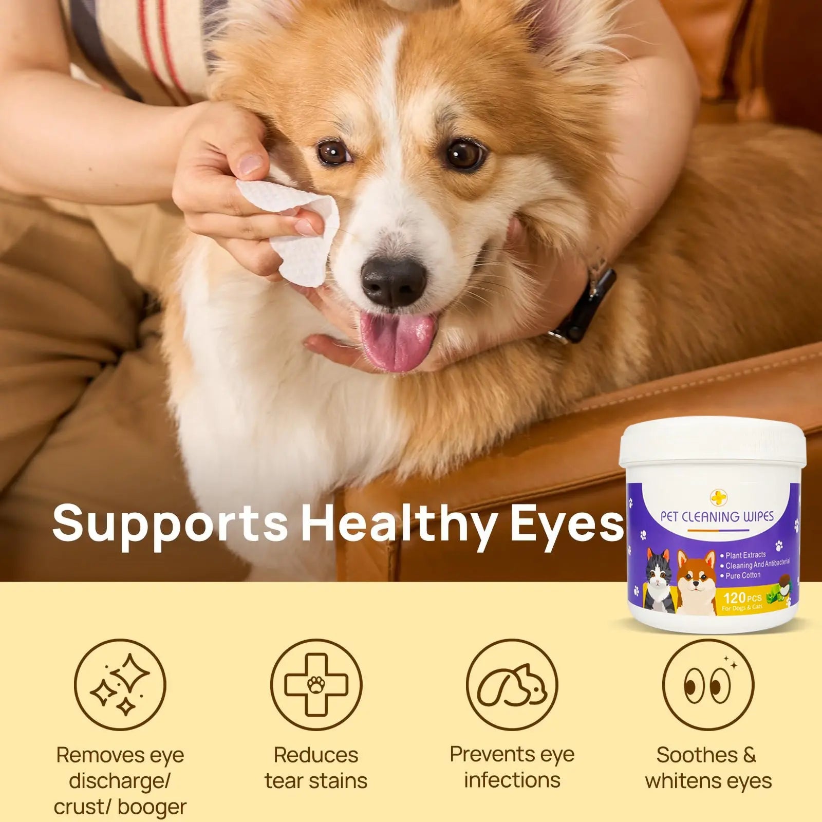 Bellepaws Gentle Pet Eye and Face Cleaning Wipes - 120 Count, Tear Stain and Odor Removal Formula with Aloe, Witch Hazel, and Coconut Oil for Dogs and Cats