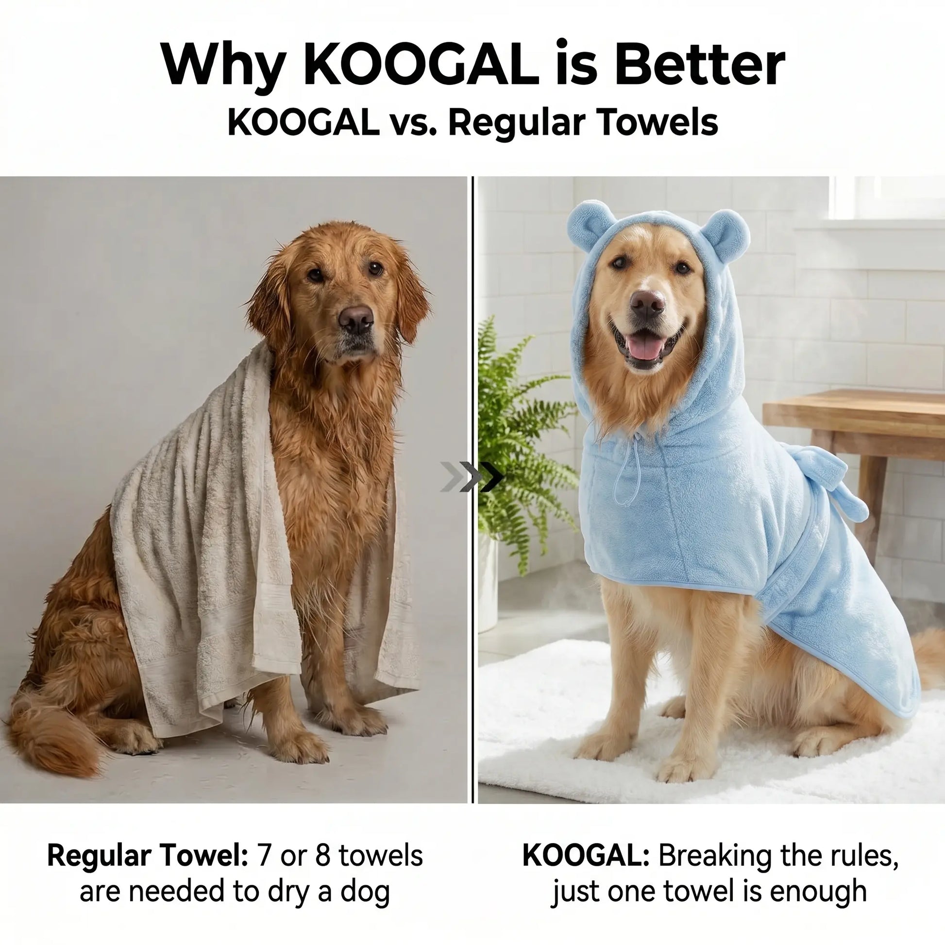 Koogal Adjustable Waistband Microfiber Dog Bath Robe and Towels for Quick Drying - Suitable for Small to Large Dogs (6 to 115 lbs)