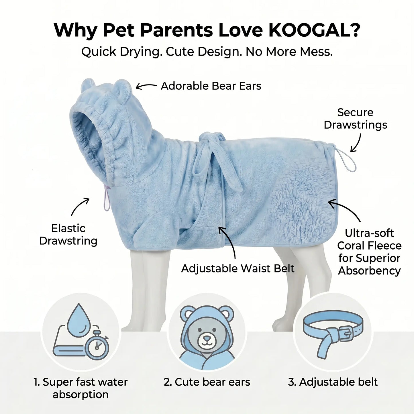 Koogal Adjustable Waistband Microfiber Dog Bath Robe and Towels for Quick Drying - Suitable for Small to Large Dogs (6 to 115 lbs)