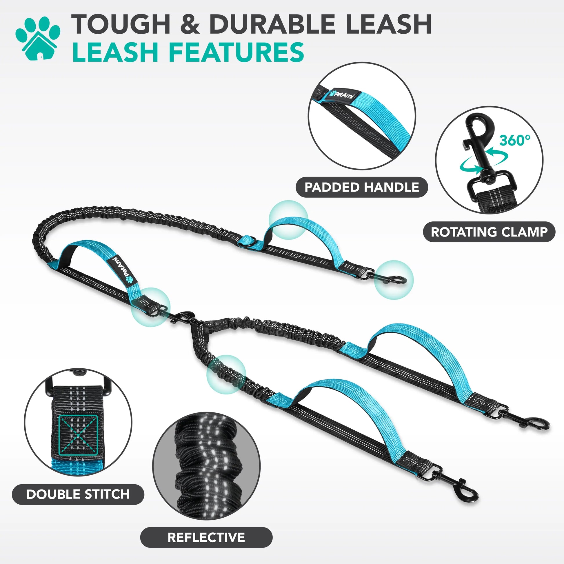 Petami Heavy-Duty Double Dog Leash with 360° Swivel No-Tangle Coupler, Shock-Absorbing Bungee, Padded Handles, and Reflective Design for Medium and Large Dogs