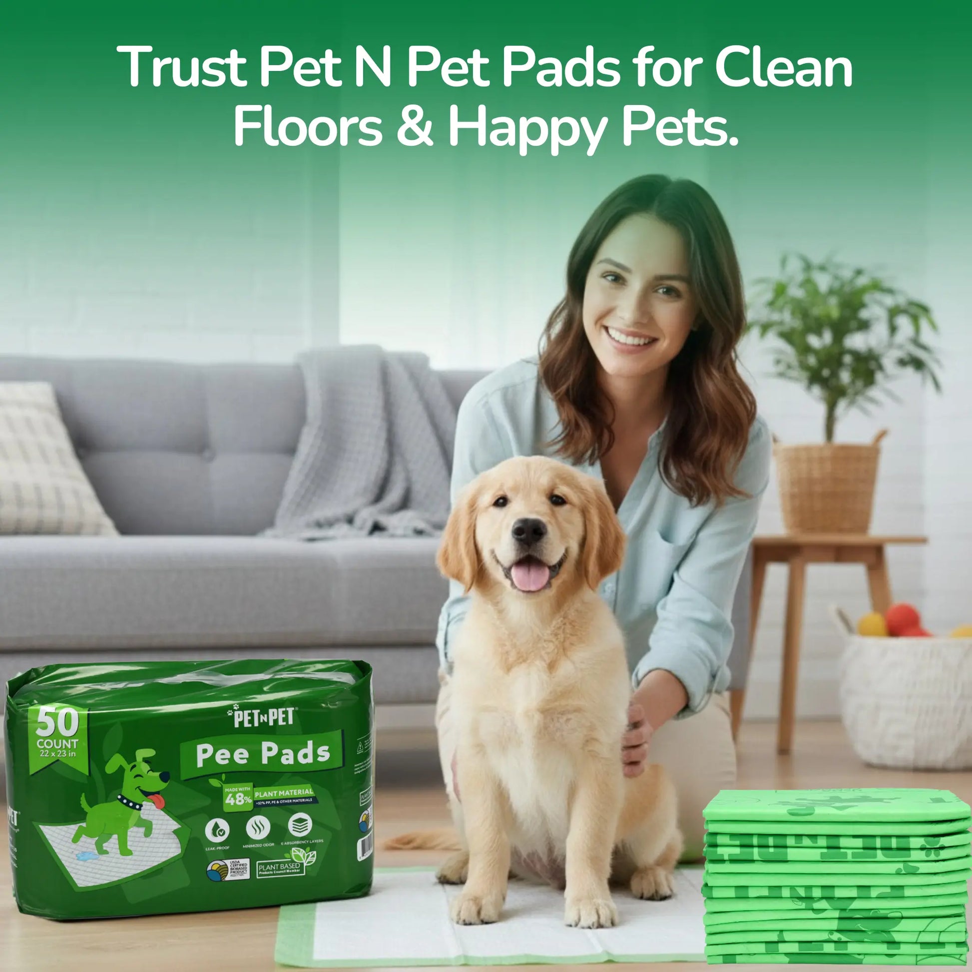 Pet N Pet 50-Count Puppy Training Pads – 48% USDA Certified Plant-Based, Unscented, Highly Absorbent, and Leak-Proof