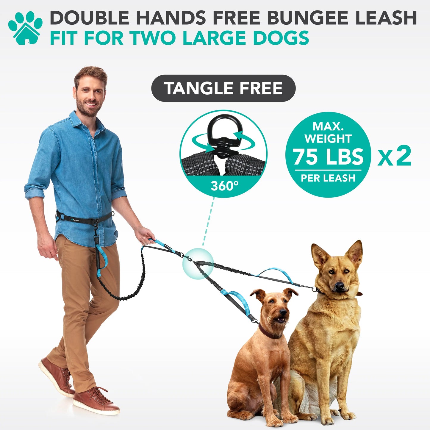 Petami Heavy-Duty Double Dog Leash with 360° Swivel No-Tangle Coupler, Shock-Absorbing Bungee, Padded Handles, and Reflective Design for Medium and Large Dogs