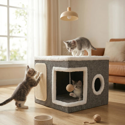 4-in-1 Foldable Luxury Cat House Villa - Multi-Functional Indoor Cat Condo with Scratch Pad and Reversible Cushion for Pet Hideaway