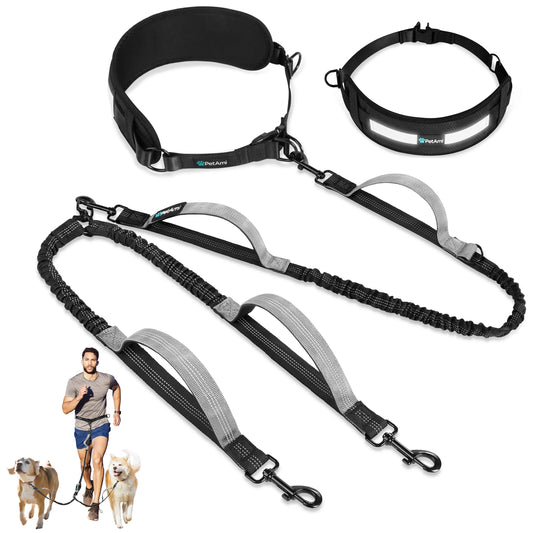 Petami Heavy-Duty Double Dog Leash with 360° Swivel No-Tangle Coupler, Shock-Absorbing Bungee, Padded Handles, and Reflective Design for Medium and Large Dogs