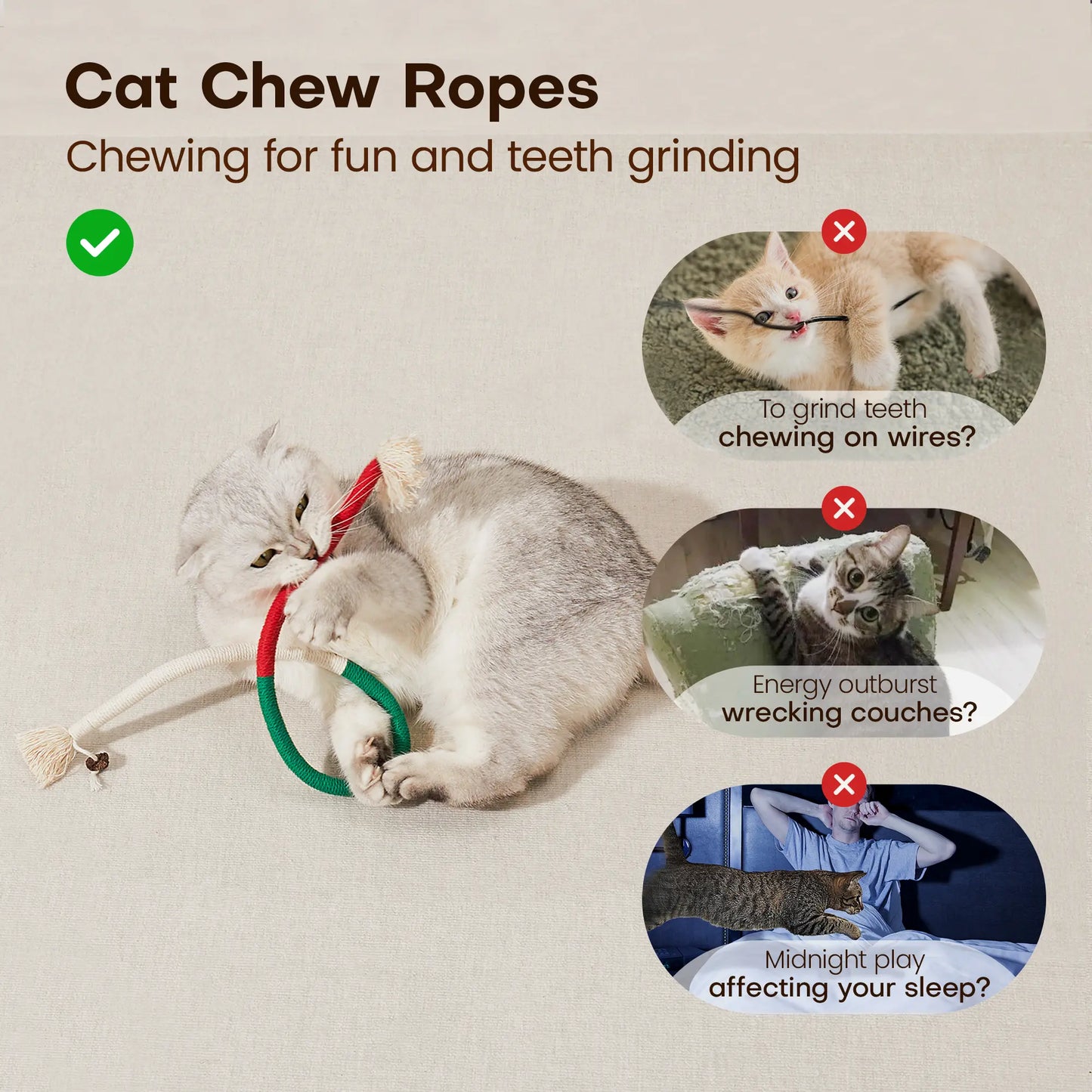 Potaroma 3-Piece Cat Chew Rope Toy Set: Safe Dental Care and Calming Interactive Toys for Indoor Kittens