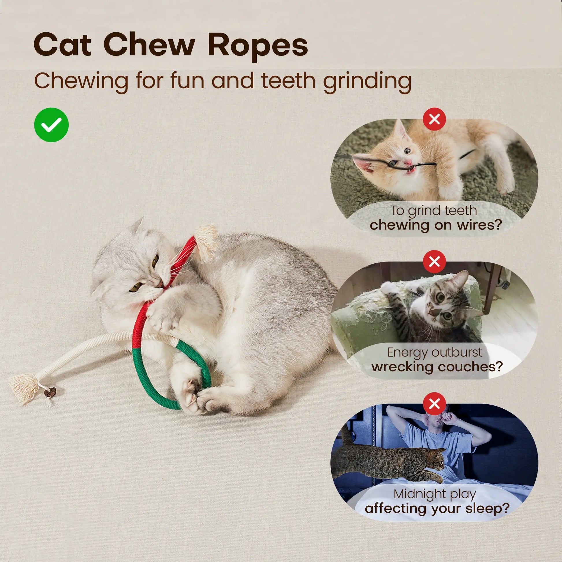 Potaroma 3-Piece Cat Chew Rope Toy Set: Safe Dental Care and Calming Interactive Toys for Indoor Kittens