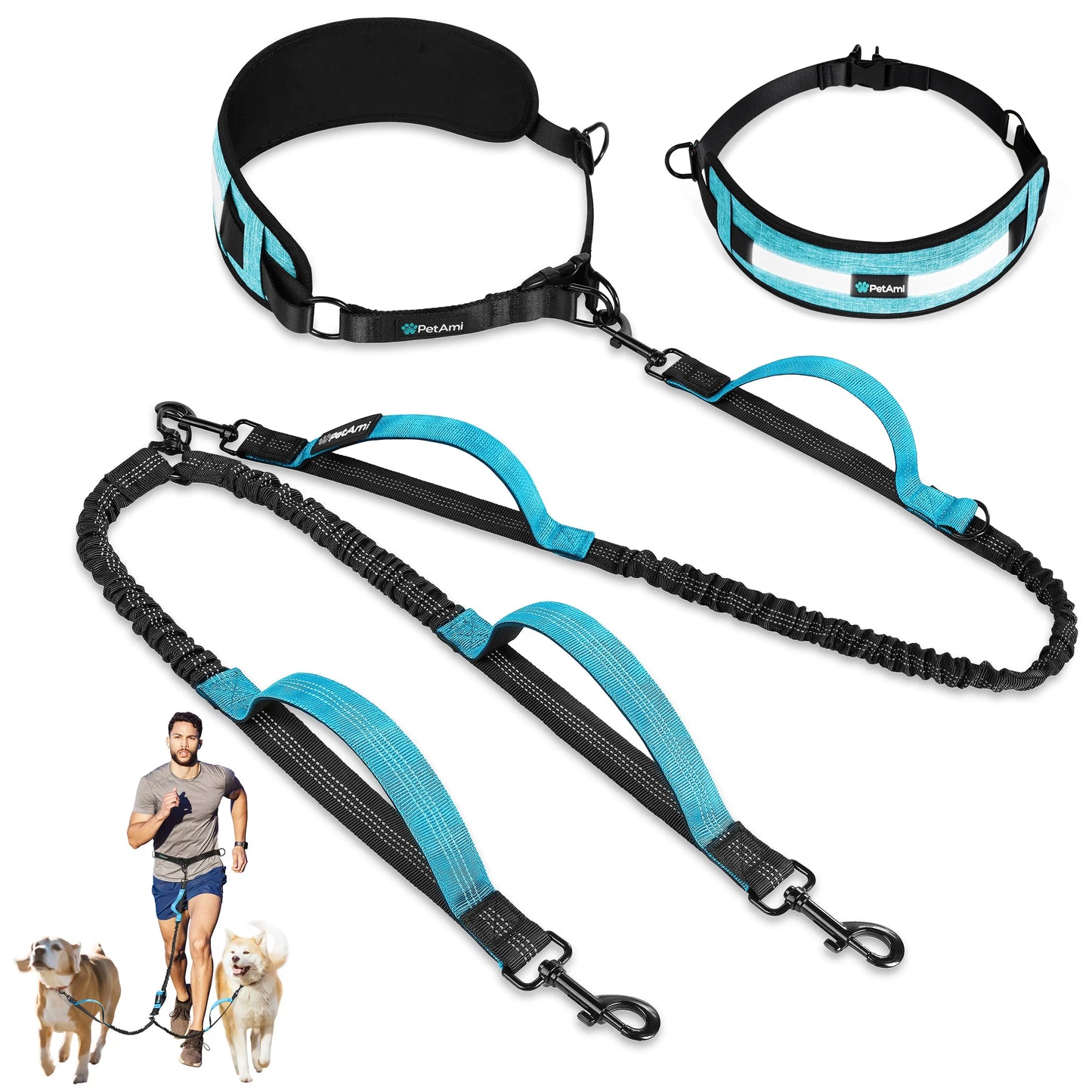 Petami Heavy-Duty Double Dog Leash with 360° Swivel No-Tangle Coupler, Shock-Absorbing Bungee, Padded Handles, and Reflective Design for Medium and Large Dogs