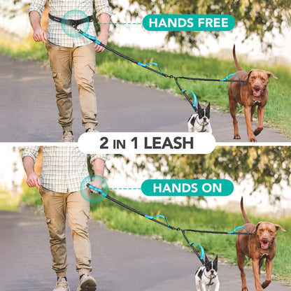 Petami Heavy-Duty Double Dog Leash with 360° Swivel No-Tangle Coupler, Shock-Absorbing Bungee, Padded Handles, and Reflective Design for Medium and Large Dogs