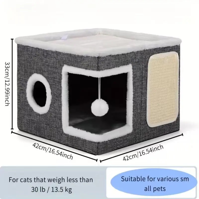 4-in-1 Foldable Luxury Cat House Villa - Multi-Functional Indoor Cat Condo with Scratch Pad and Reversible Cushion for Pet Hideaway