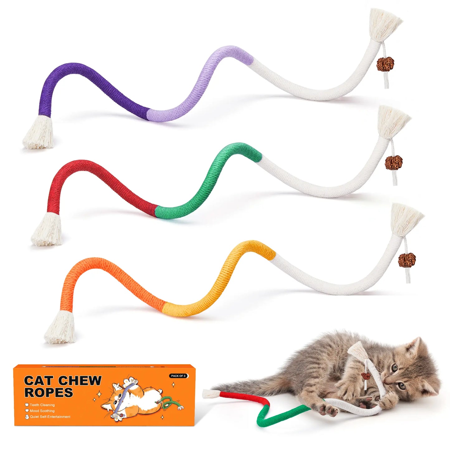 Potaroma 3-Piece Cat Chew Rope Toy Set: Safe Dental Care and Calming Interactive Toys for Indoor Kittens