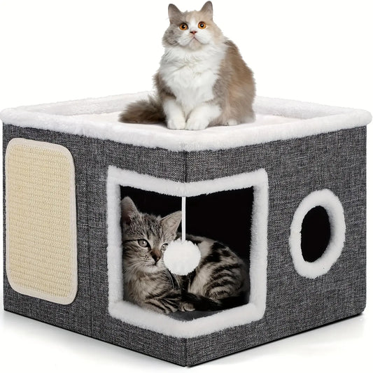 4-in-1 Foldable Luxury Cat House Villa - Multi-Functional Indoor Cat Condo with Scratch Pad and Reversible Cushion for Pet Hideaway