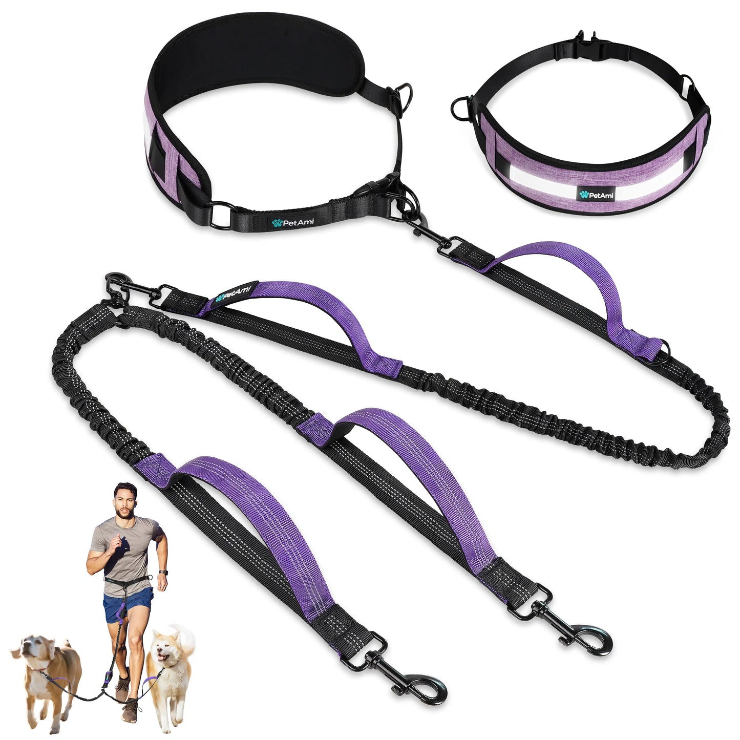Petami Heavy-Duty Double Dog Leash with 360° Swivel No-Tangle Coupler, Shock-Absorbing Bungee, Padded Handles, and Reflective Design for Medium and Large Dogs