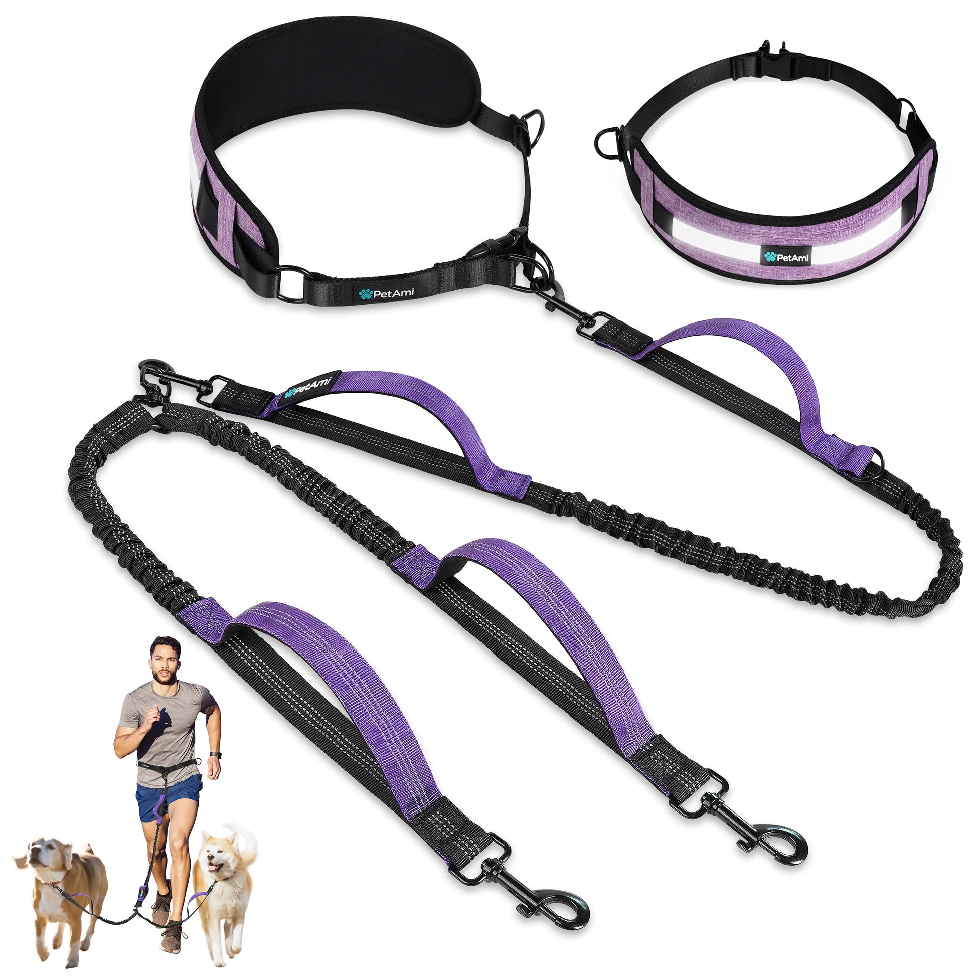 Petami Heavy-Duty Double Dog Leash with 360° Swivel No-Tangle Coupler, Shock-Absorbing Bungee, Padded Handles, and Reflective Design for Medium and Large Dogs