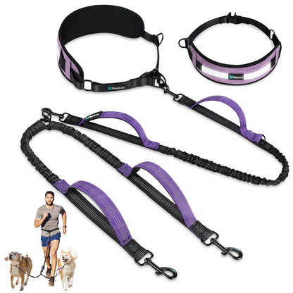 Petami Heavy-Duty Double Dog Leash with 360° Swivel No-Tangle Coupler, Shock-Absorbing Bungee, Padded Handles, and Reflective Design for Medium and Large Dogs