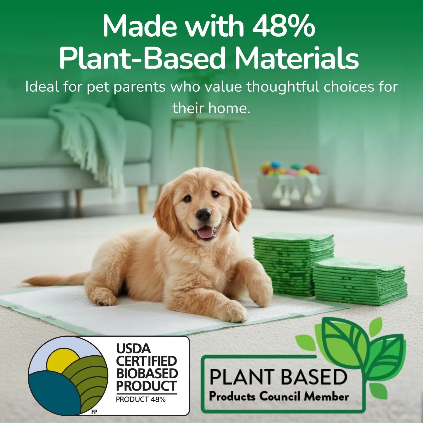 Pet N Pet 50-Count Puppy Training Pads – 48% USDA Certified Plant-Based, Unscented, Highly Absorbent, and Leak-Proof