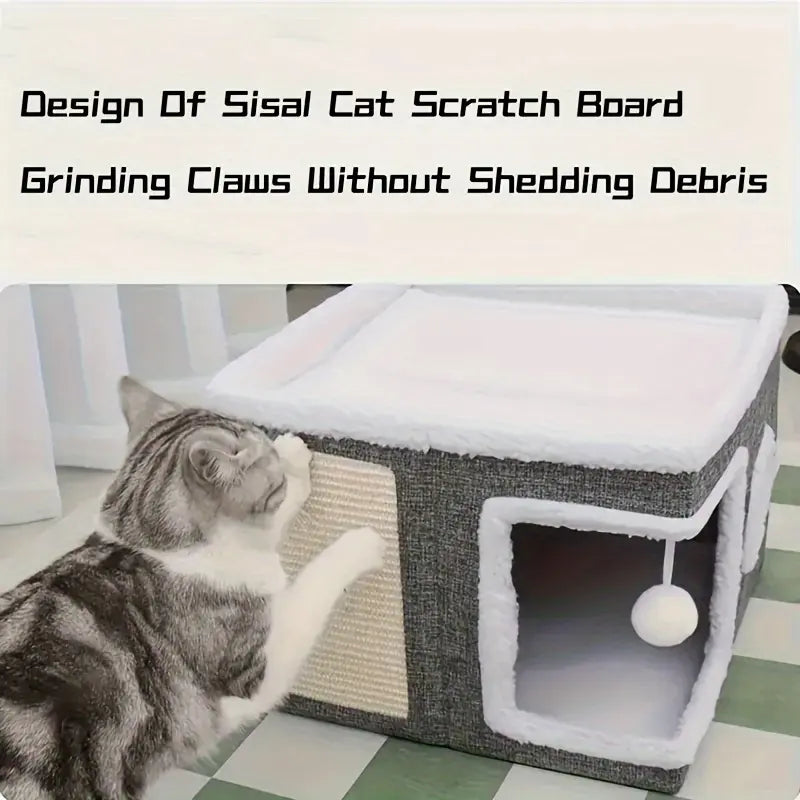 4-in-1 Foldable Luxury Cat House Villa - Multi-Functional Indoor Cat Condo with Scratch Pad and Reversible Cushion for Pet Hideaway