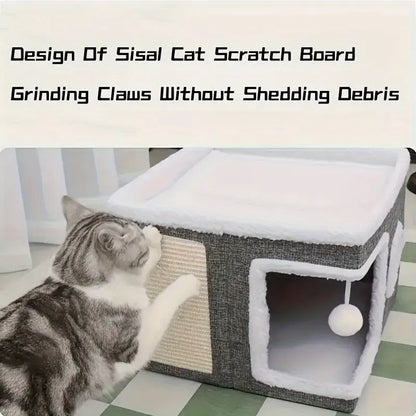 4-in-1 Foldable Luxury Cat House Villa - Multi-Functional Indoor Cat Condo with Scratch Pad and Reversible Cushion for Pet Hideaway