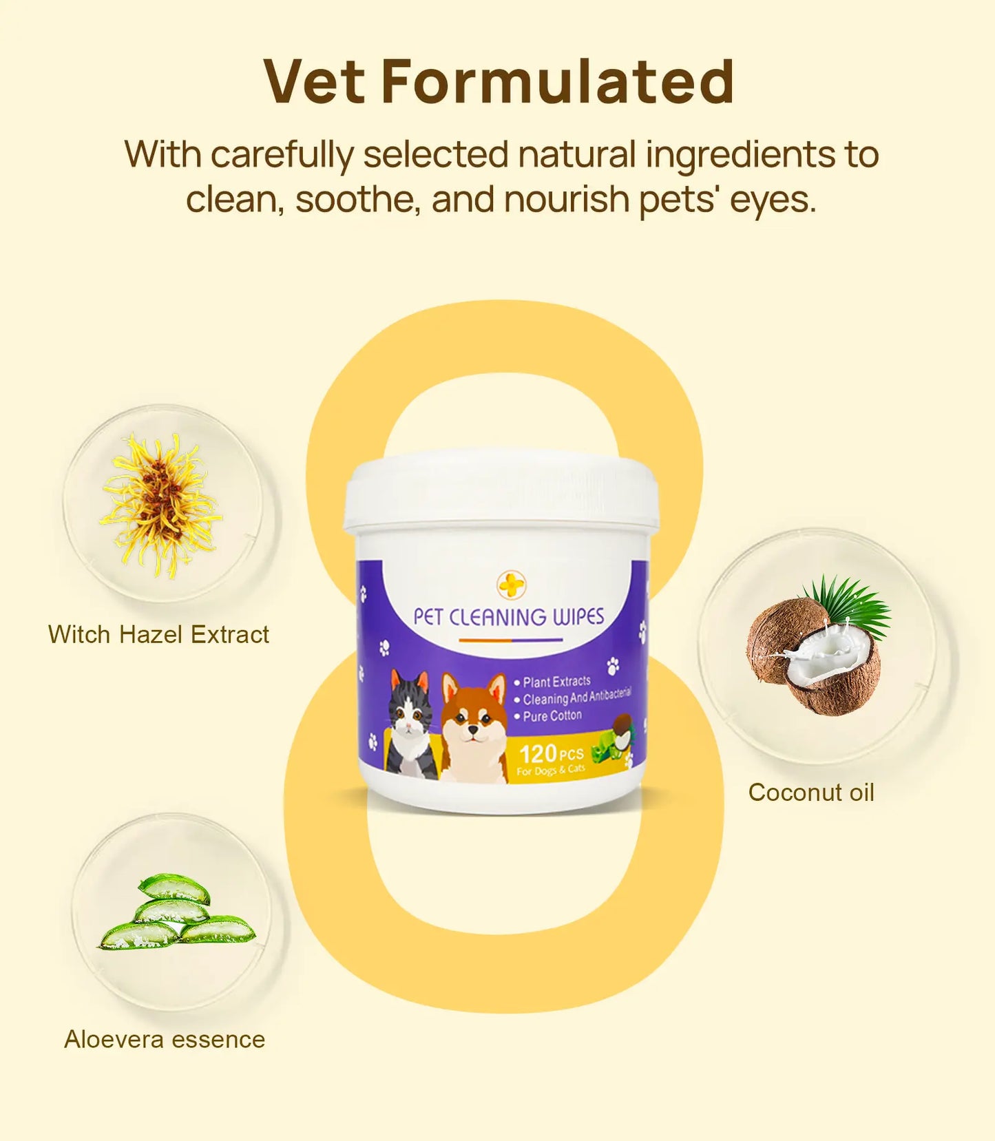 Bellepaws Gentle Pet Eye and Face Cleaning Wipes - 120 Count, Tear Stain and Odor Removal Formula with Aloe, Witch Hazel, and Coconut Oil for Dogs and Cats