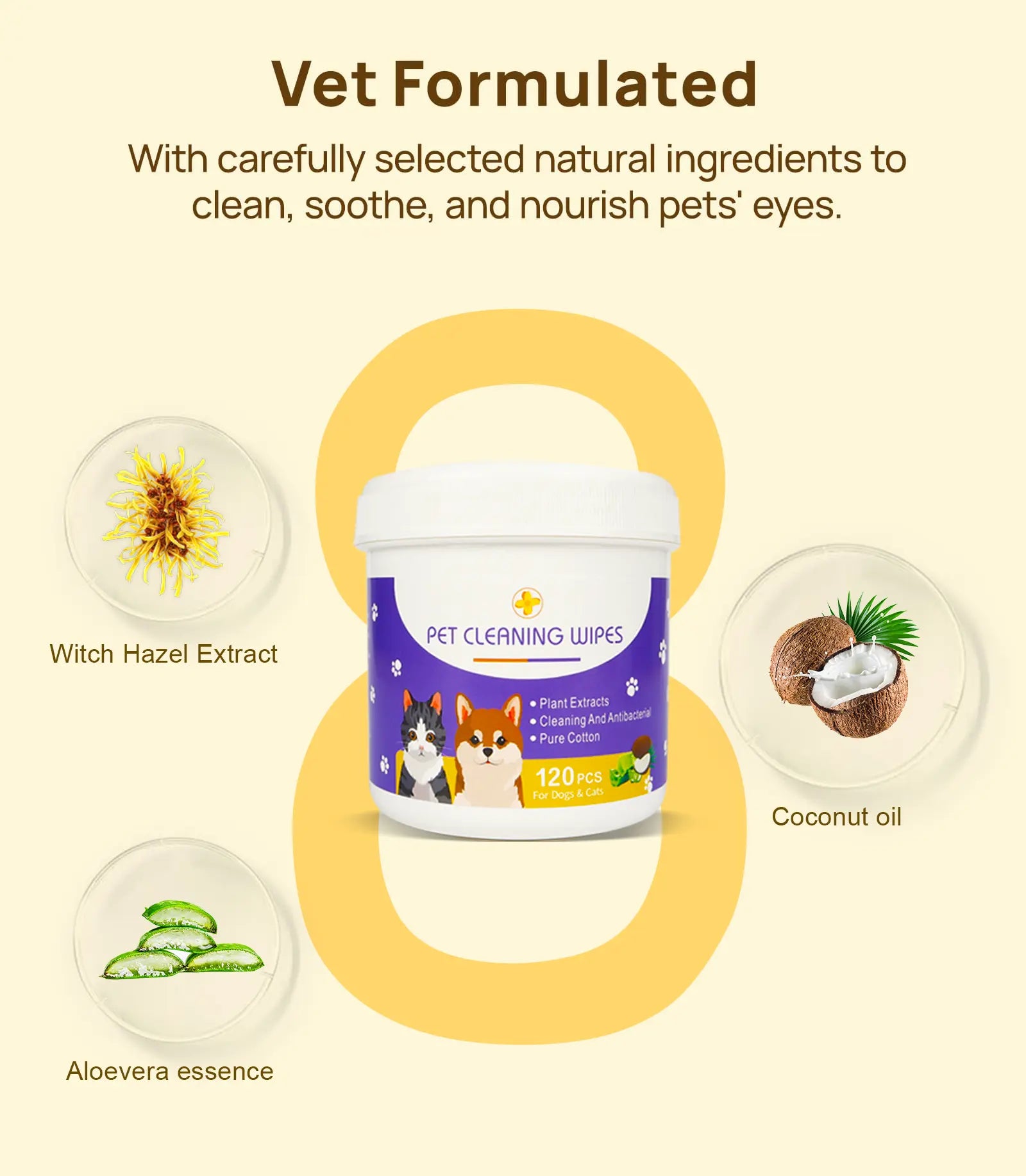 Bellepaws Gentle Pet Eye and Face Cleaning Wipes - 120 Count, Tear Stain and Odor Removal Formula with Aloe, Witch Hazel, and Coconut Oil for Dogs and Cats