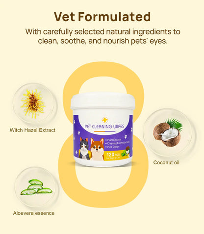 Bellepaws Gentle Pet Eye and Face Cleaning Wipes - 120 Count, Tear Stain and Odor Removal Formula with Aloe, Witch Hazel, and Coconut Oil for Dogs and Cats