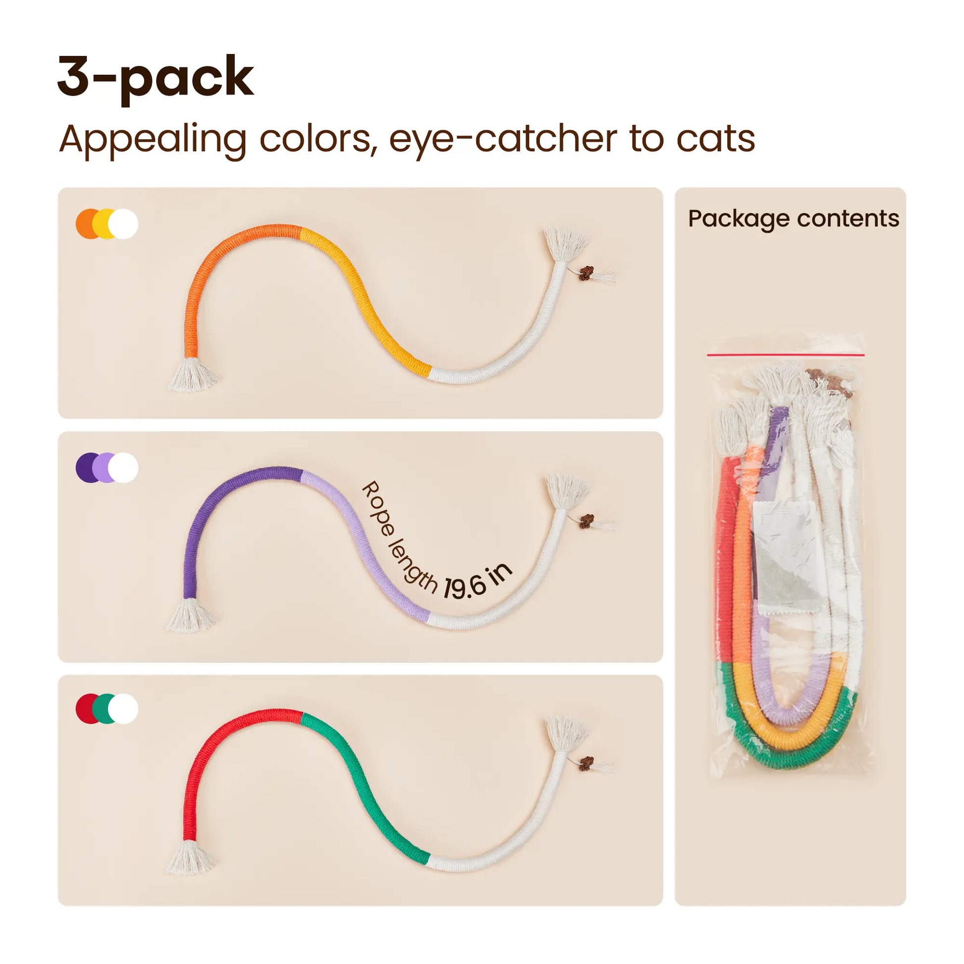 Potaroma 3-Piece Cat Chew Rope Toy Set: Safe Dental Care and Calming Interactive Toys for Indoor Kittens